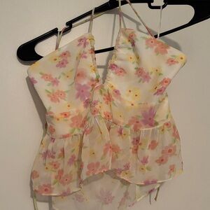 Bershka Floral Crop Top - Cream and Pink